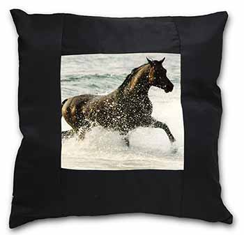 Black Horse in Sea Black Satin Feel Scatter Cushion