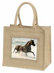 Black Horse in Sea Natural/Beige Jute Large Shopping Bag