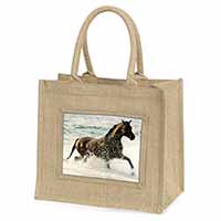 Black Horse in Sea Natural/Beige Jute Large Shopping Bag