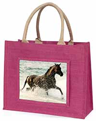 Black Horse in Sea Large Pink Jute Shopping Bag