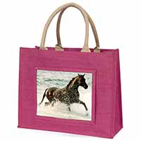 Black Horse in Sea Large Pink Jute Shopping Bag
