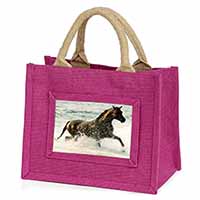 Black Horse in Sea Little Girls Small Pink Jute Shopping Bag