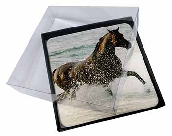 4x Black Horse in Sea Picture Table Coasters Set in Gift Box