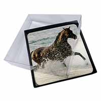 4x Black Horse in Sea Picture Table Coasters Set in Gift Box