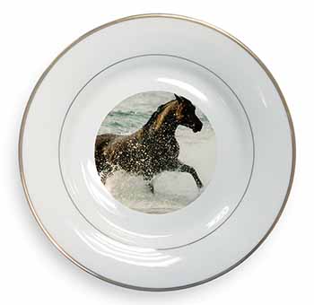 Black Horse in Sea Gold Rim Plate Printed Full Colour in Gift Box