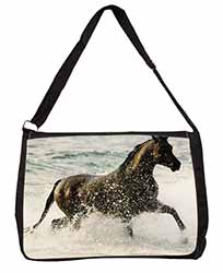 Black Horse in Sea Large Black Laptop Shoulder Bag School/College