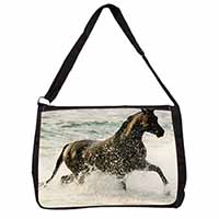 Black Horse in Sea Large Black Laptop Shoulder Bag School/College