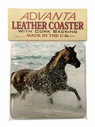 Black Horse in Sea Single Leather Photo Coaster