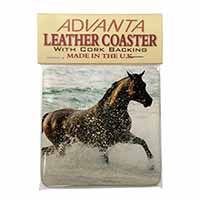 Black Horse in Sea Single Leather Photo Coaster