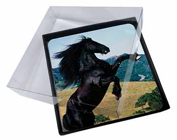 4x Rearing Black Stallion Picture Table Coasters Set in Gift Box