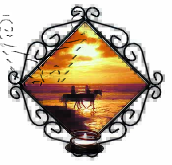 Sunset Horse Riding Wrought Iron Wall Art Candle Holder