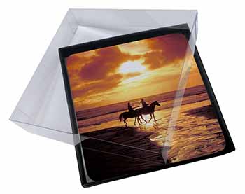 4x Sunset Horse Riding Picture Table Coasters Set in Gift Box