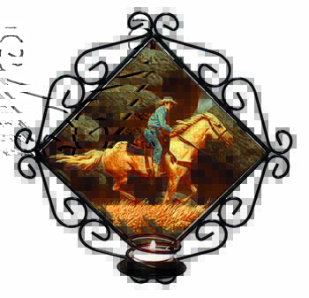 Horse Riding Cowboy Wrought Iron Wall Art Candle Holder