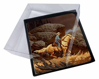 4x Horse Riding Cowboy Picture Table Coasters Set in Gift Box