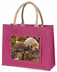 Mother and Baby Hedgehog Large Pink Jute Shopping Bag