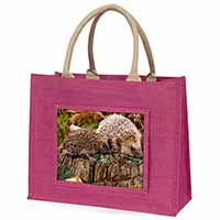 Mother and Baby Hedgehog Large Pink Jute Shopping Bag