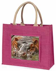 Hippopotamus, Hippo Large Pink Jute Shopping Bag