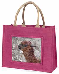 South American Llama Large Pink Jute Shopping Bag