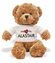 Adopted By ALASTAIR Teddy Bear Wearing a Personalised Name T-Shirt