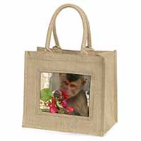 Monkey with Flowers Large Natural Jute Shopping Bag Christmas Gift Idea