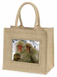 Monkey Family in Snow Natural/Beige Jute Large Shopping Bag