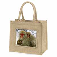 Monkey Family in Snow Natural/Beige Jute Large Shopping Bag