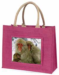 Monkey Family in Snow Large Pink Jute Shopping Bag