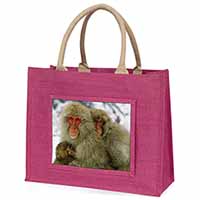 Monkey Family in Snow Large Pink Jute Shopping Bag