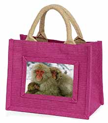 Monkey Family in Snow Little Girls Small Pink Jute Shopping Bag