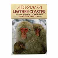 Monkey Family in Snow Single Leather Photo Coaster