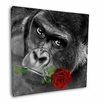 Gorilla with Red Rose in Mouth Square Canvas 12"x12" Wall Art Picture Print