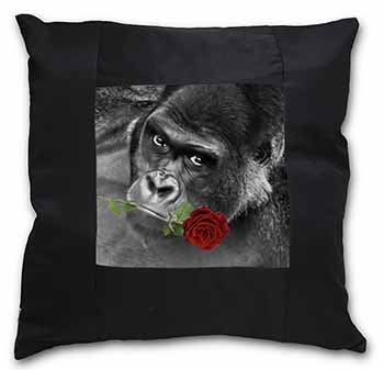 Gorilla with Red Rose in Mouth Black Satin Feel Scatter Cushion