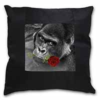 Gorilla with Red Rose in Mouth Black Satin Feel Scatter Cushion