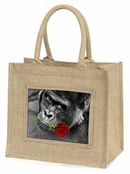 Gorilla with Red Rose in Mouth Natural/Beige Jute Large Shopping Bag
