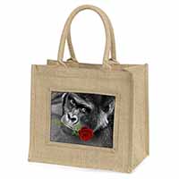 Gorilla with Red Rose in Mouth Natural/Beige Jute Large Shopping Bag