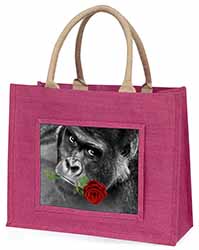 Gorilla with Red Rose in Mouth Large Pink Jute Shopping Bag
