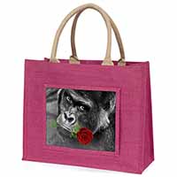Gorilla with Red Rose in Mouth Large Pink Jute Shopping Bag