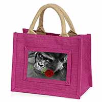 Gorilla with Red Rose in Mouth Little Girls Small Pink Jute Shopping Bag