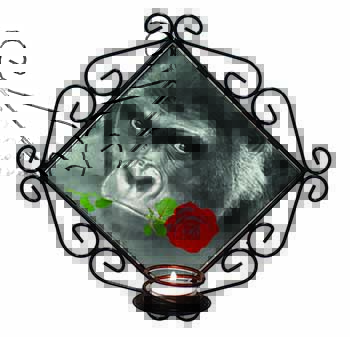 Gorilla with Red Rose in Mouth Wrought Iron Wall Art Candle Holder