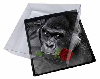 4x Gorilla with Red Rose in Mouth Picture Table Coasters Set in Gift Box