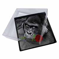 4x Gorilla with Red Rose in Mouth Picture Table Coasters Set in Gift Box