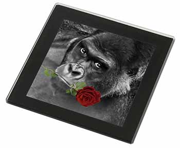 Gorilla with Red Rose in Mouth Black Rim High Quality Glass Coaster