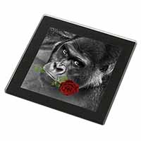 Gorilla with Red Rose in Mouth Black Rim High Quality Glass Coaster