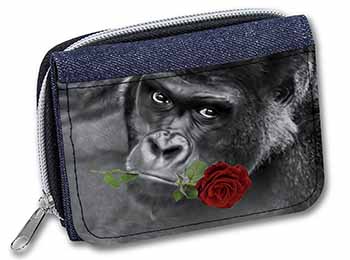 Gorilla with Red Rose in Mouth Unisex Denim Purse Wallet