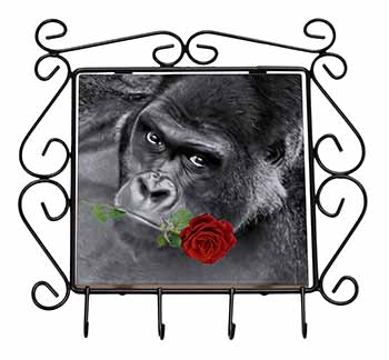 Gorilla with Red Rose in Mouth Wrought Iron Key Holder Hooks