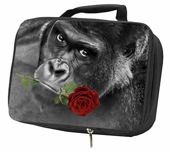 Gorilla with Red Rose in Mouth Black Insulated School Lunch Box/Picnic Bag