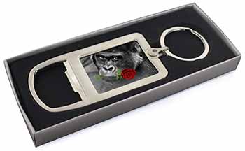 Gorilla with Red Rose in Mouth Chrome Metal Bottle Opener Keyring in Box