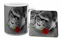 Gorilla with Red Rose in Mouth Mug and Coaster Set