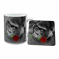 Gorilla with Red Rose in Mouth Mug and Coaster Set