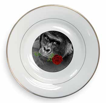 Gorilla with Red Rose in Mouth Gold Rim Plate Printed Full Colour in Gift Box